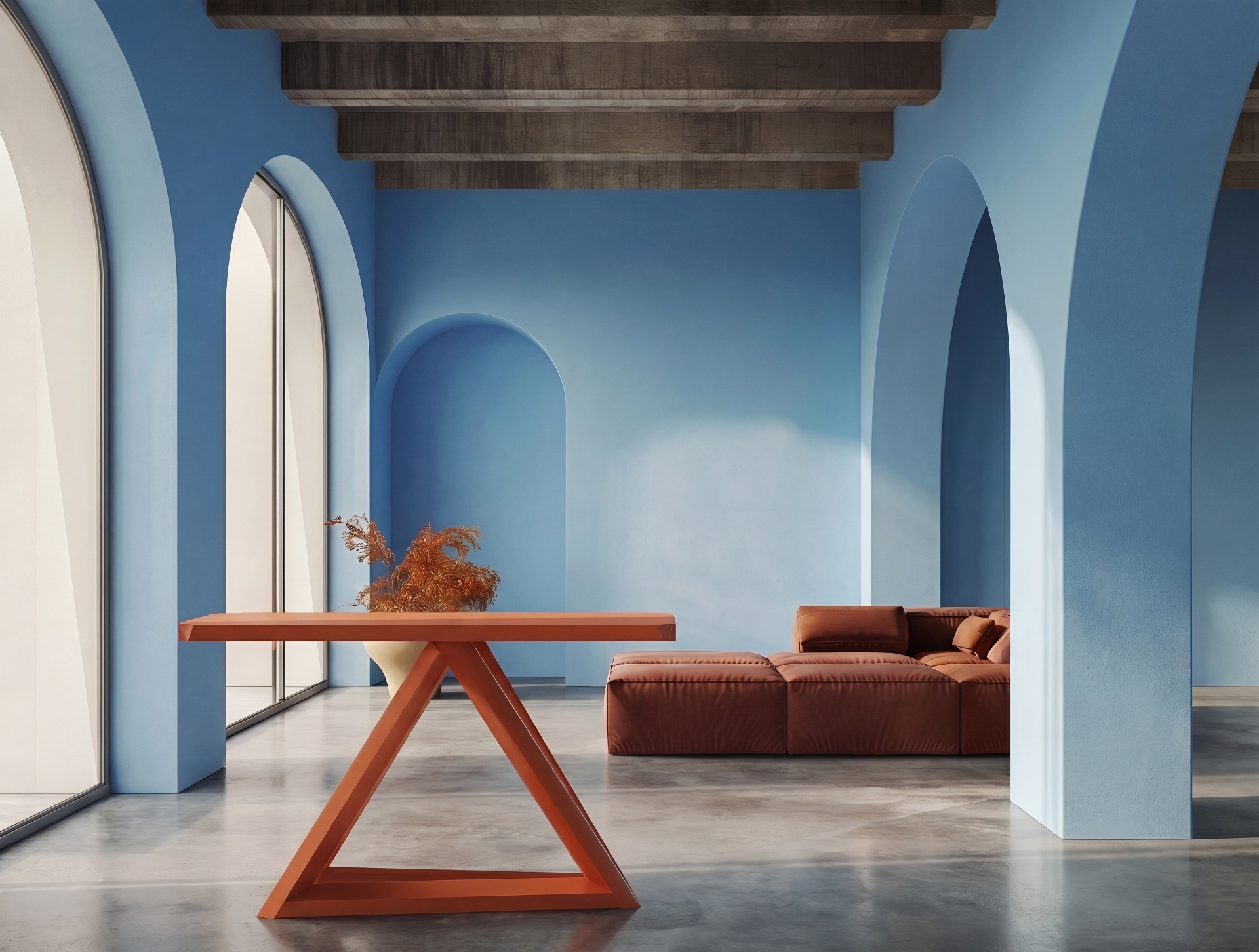 Intérieur architectural minimaliste — béton brut et chêne, lumière naturelle